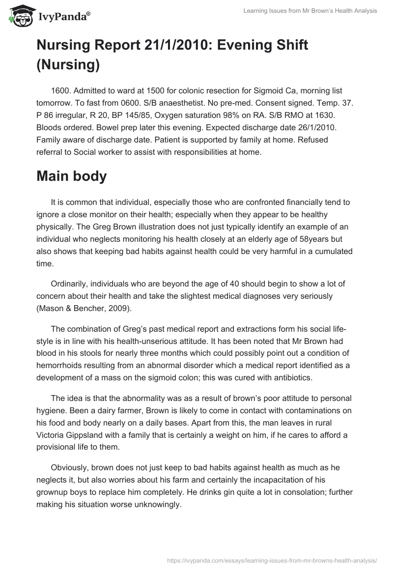 Learning Issues from Mr Brown’s Health Analysis. Page 2