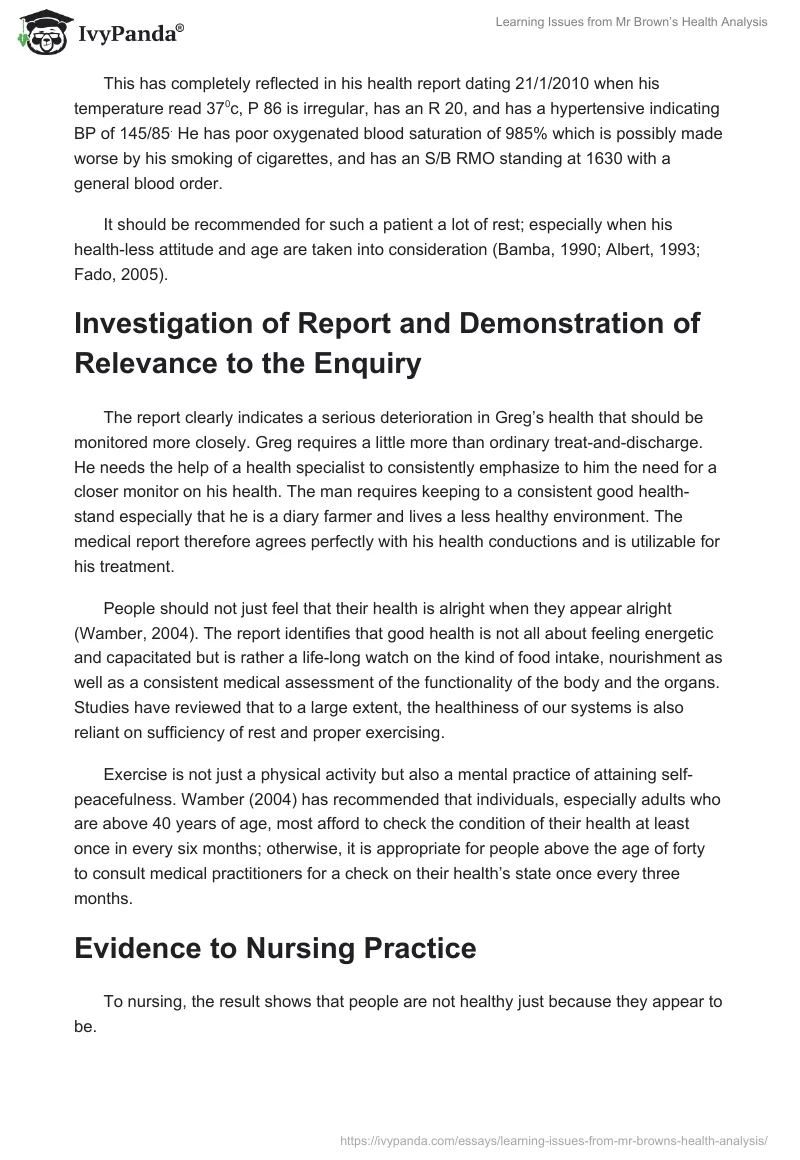 Learning Issues from Mr Brown’s Health Analysis. Page 3