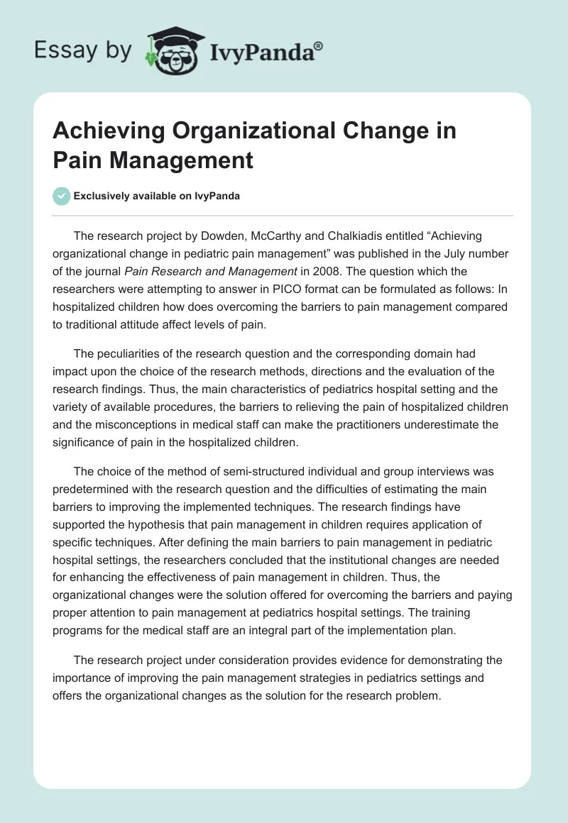 Achieving Organizational Change in Pain Management. Page 1