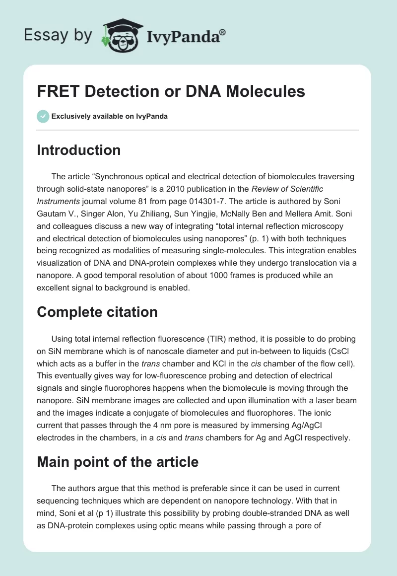 FRET Detection or DNA Molecules. Page 1