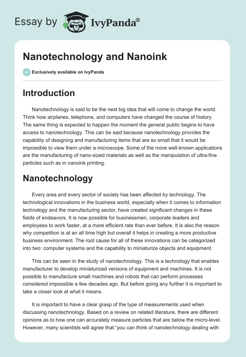 Nanotechnology and Nanoink. Page 1