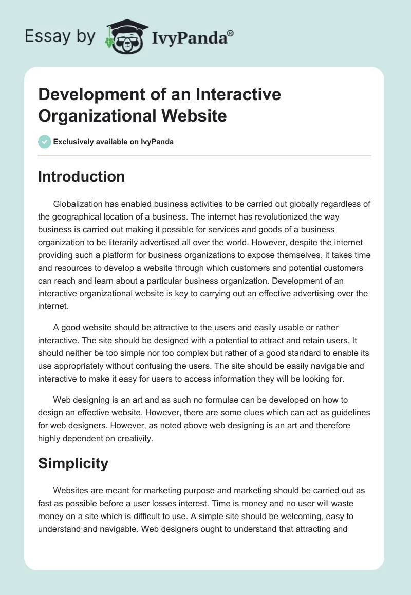 Development of an Interactive Organizational Website. Page 1