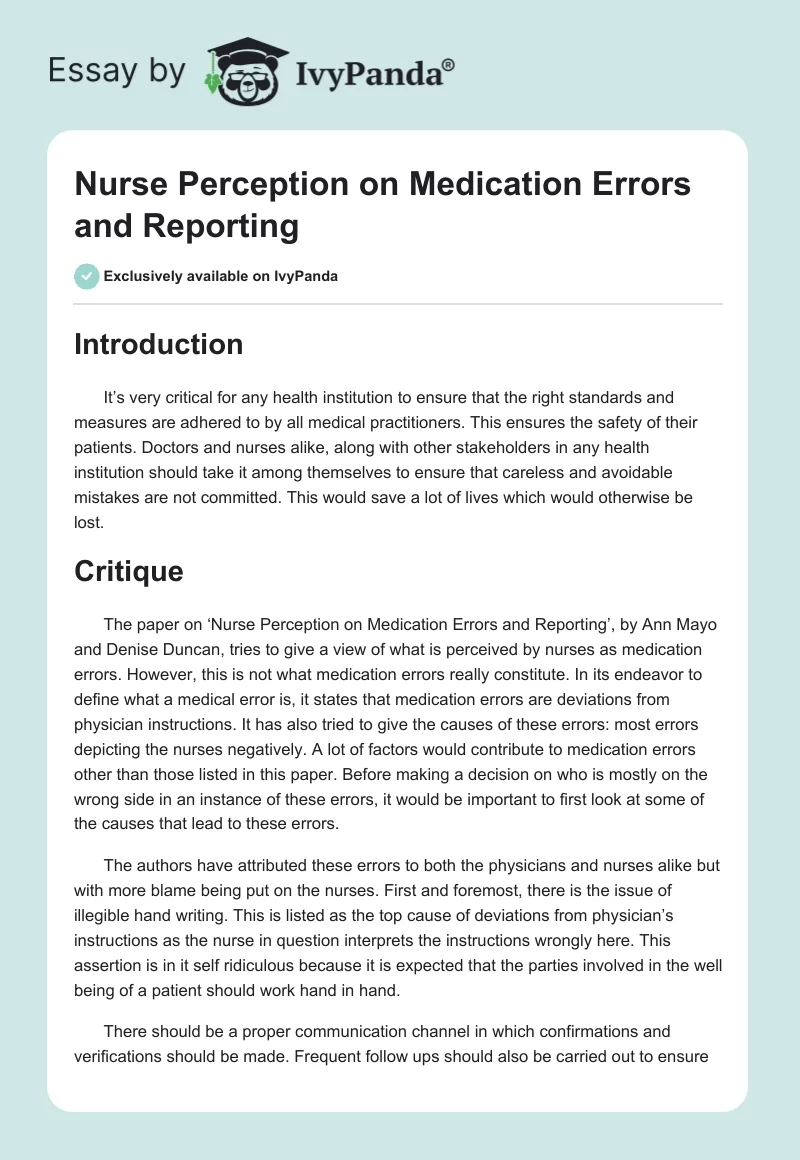Nurse Perception on Medication Errors and Reporting. Page 1