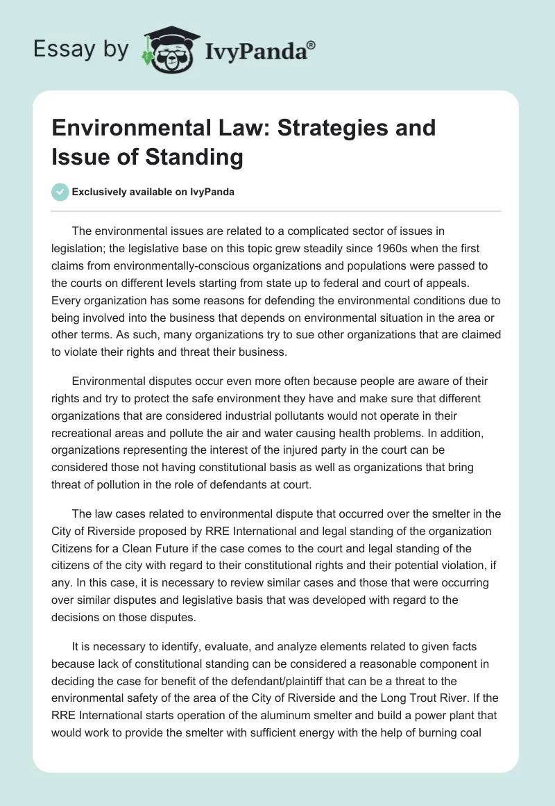 Environmental Law: Strategies and Issue of Standing. Page 1
