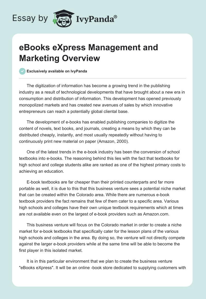 eBooks eXpress Management and Marketing Overview. Page 1
