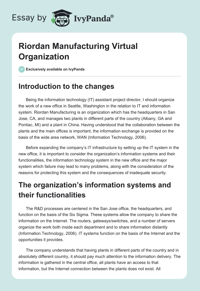 Riordan Manufacturing Virtual Organization. Page 1