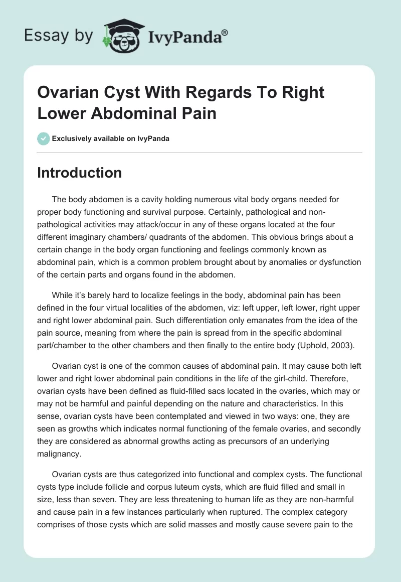 Ovarian Cyst With Regards To Right Lower Abdominal Pain. Page 1