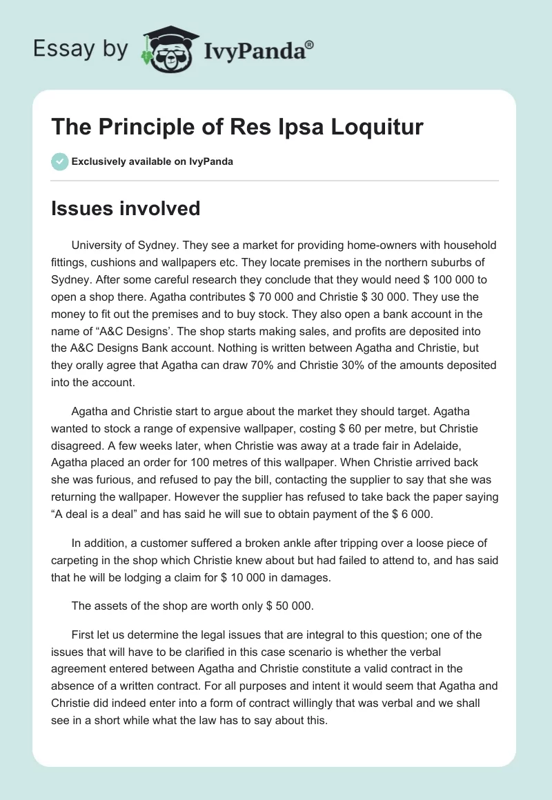 The Principle of Res Ipsa Loquitur. Page 1
