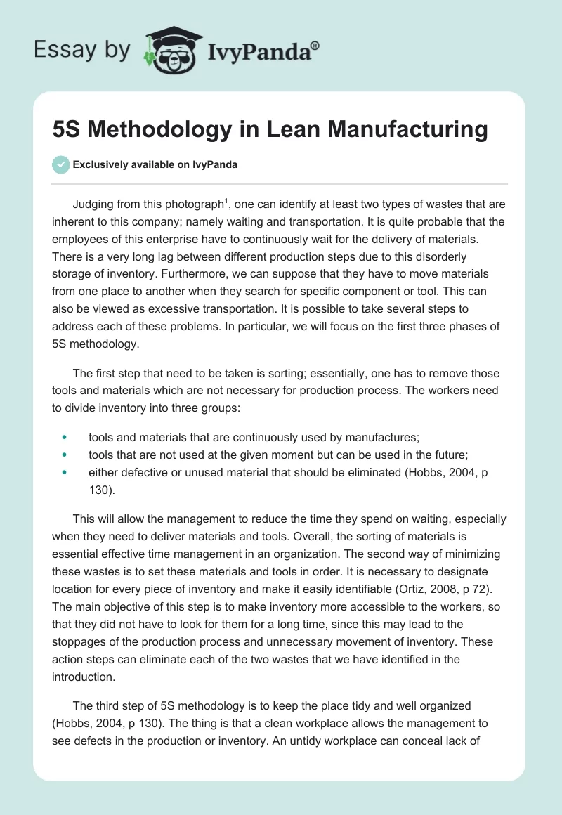 5S Methodology in Lean Manufacturing - 578 Words | Assessment Example