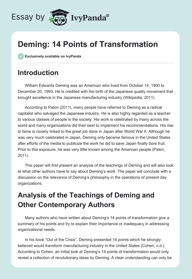 Deming: 14 Points of Transformation. Page 1