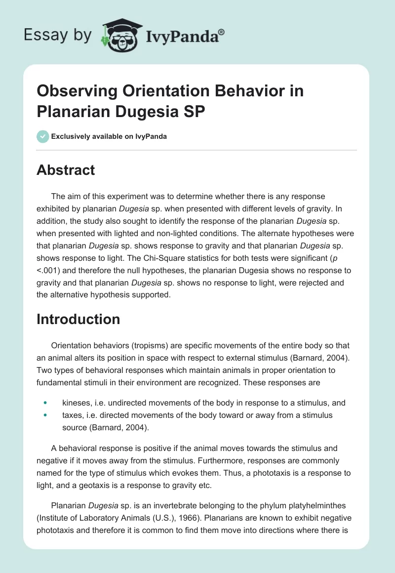 Observing Orientation Behavior in Planarian Dugesia SP. Page 1