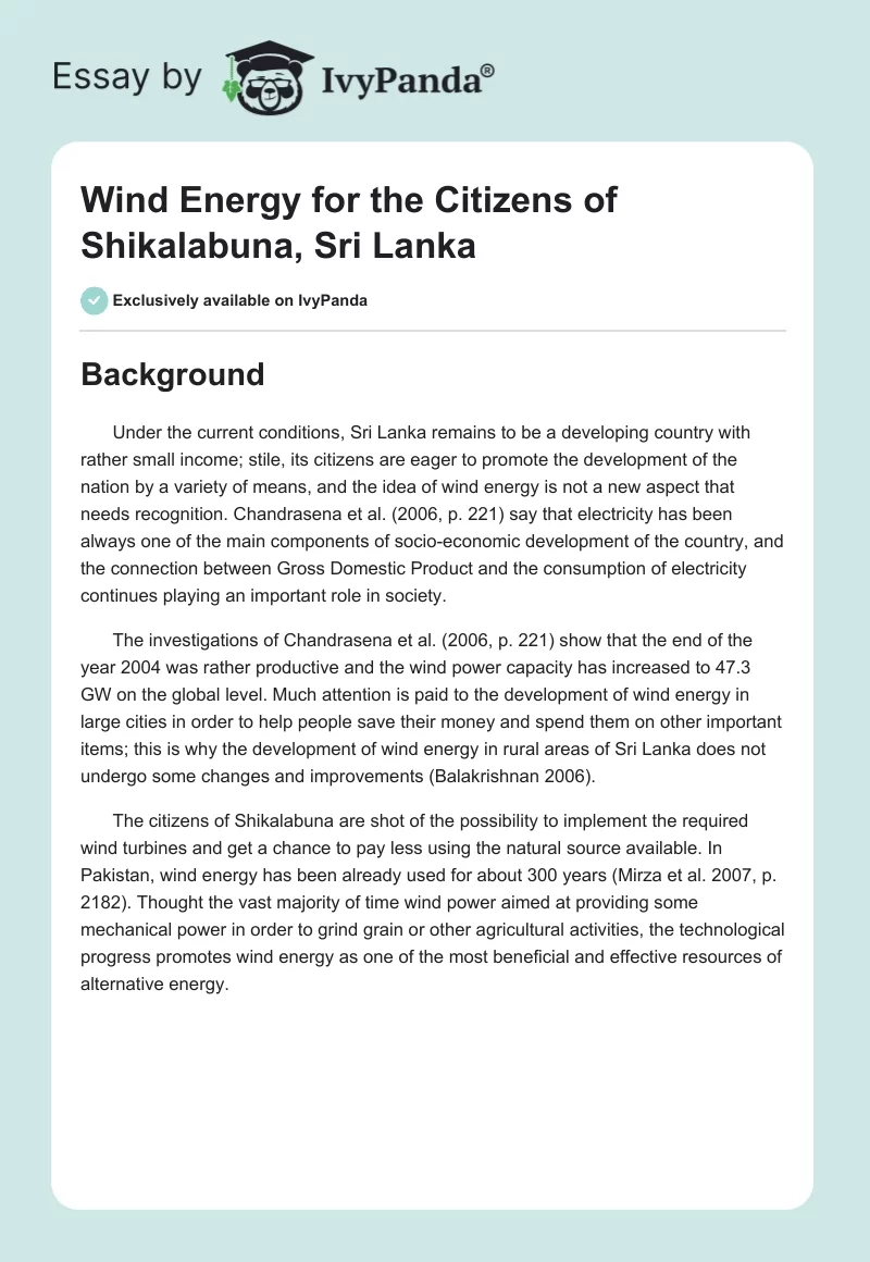 Wind Energy for the Citizens of Shikalabuna, Sri Lanka. Page 1