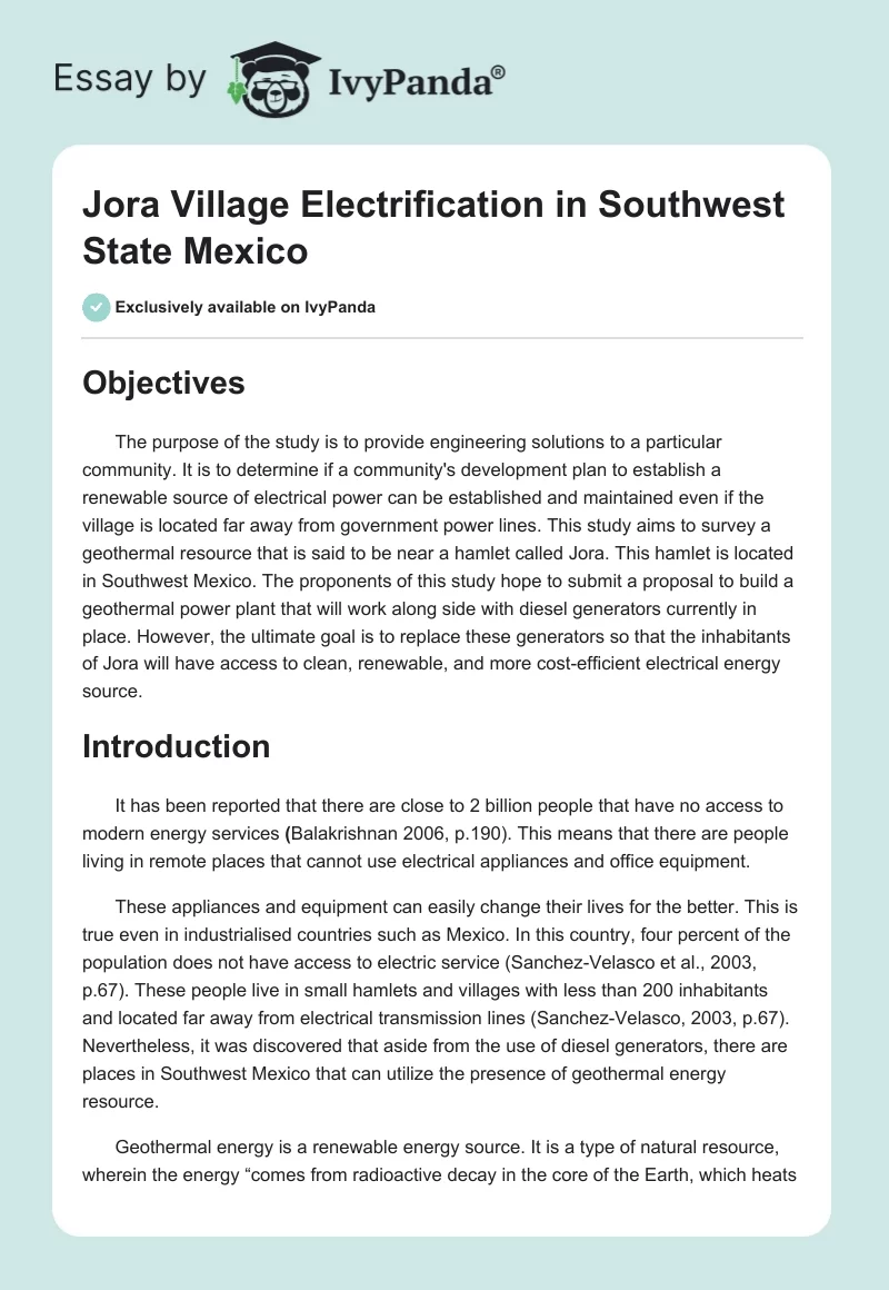 Jora Village Electrification in Southwest State Mexico. Page 1
