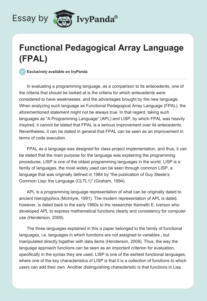 Functional Pedagogical Array Language (FPAL). Page 1
