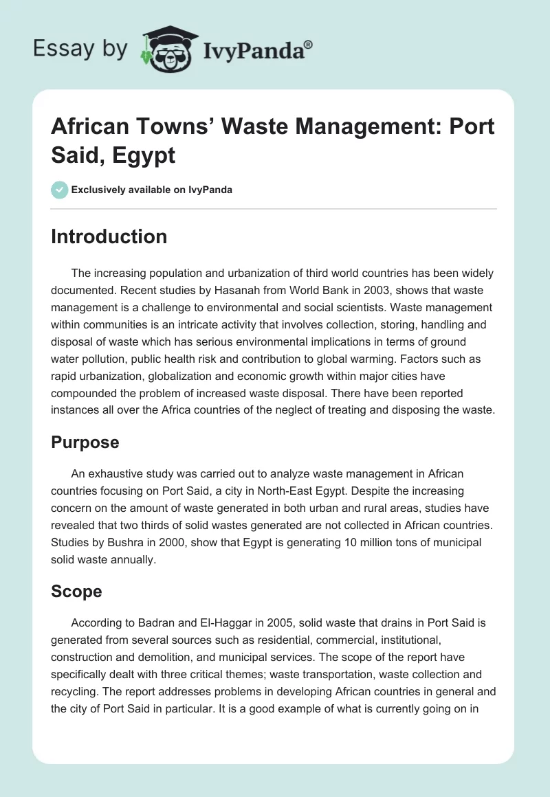 African Towns’ Waste Management: Port Said, Egypt. Page 1