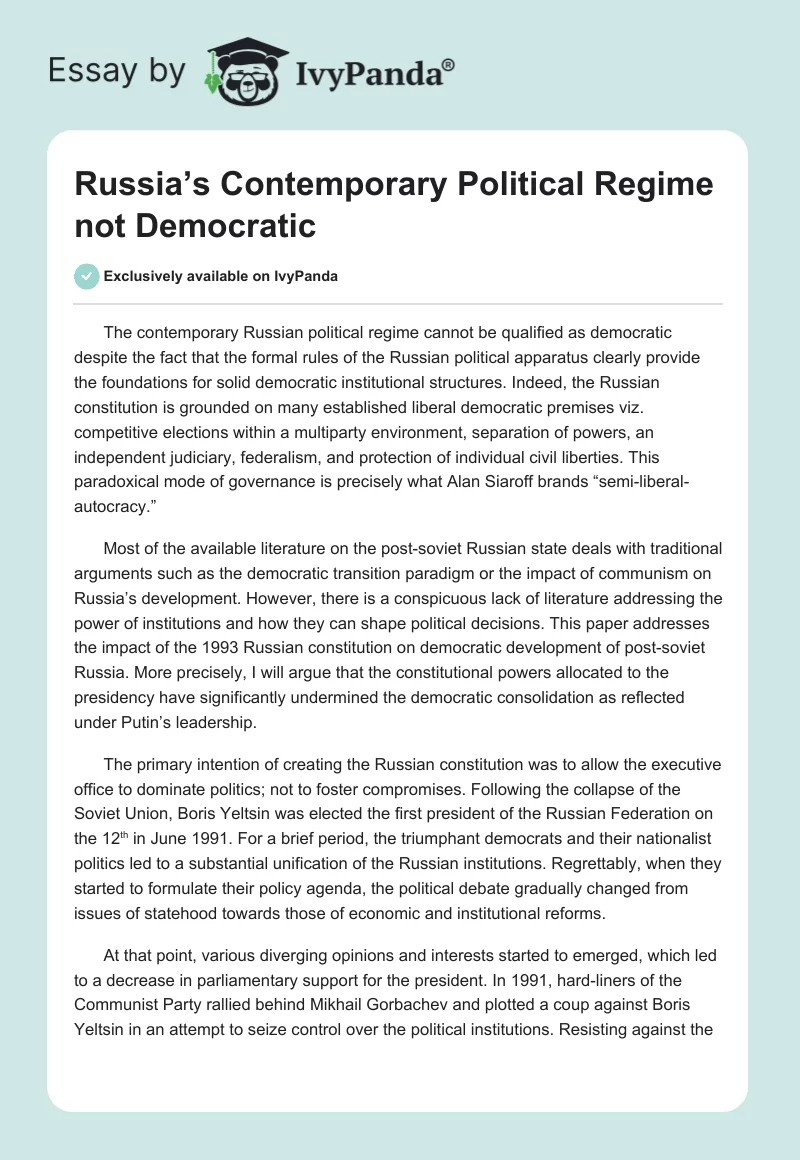 Russia’s Contemporary Political Regime not Democratic. Page 1