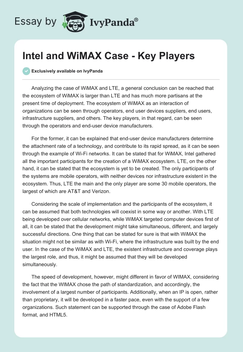 Intel and WiMAX Case - Key Players. Page 1