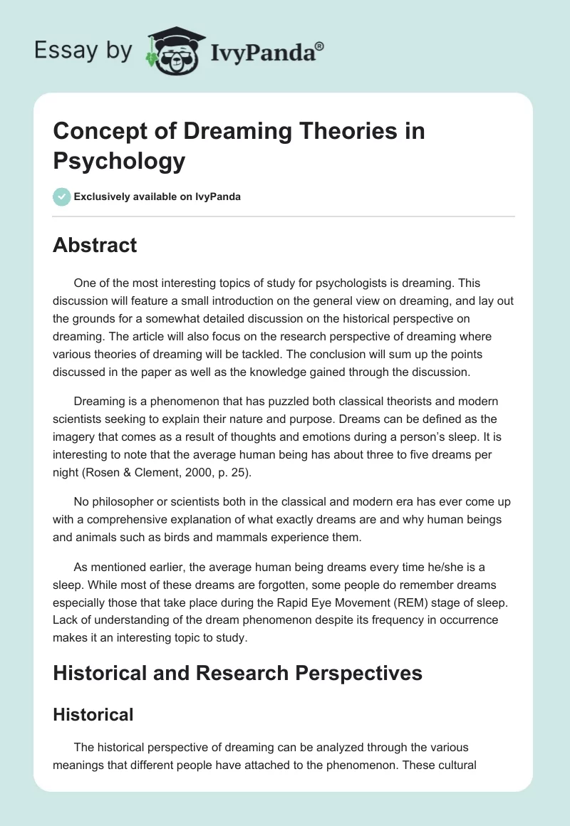 Concept of Dreaming Theories in Psychology. Page 1