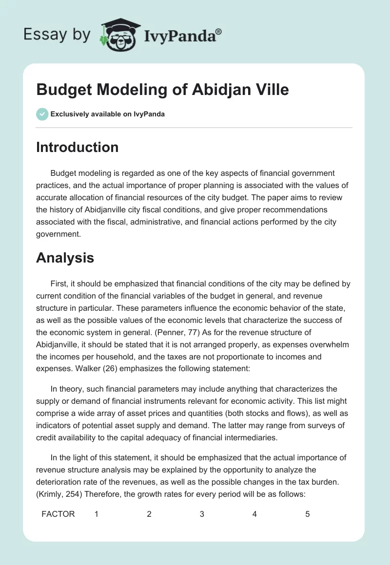 Budget Modeling of Abidjan Ville. Page 1