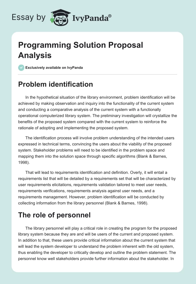 Programming Solution Proposal Analysis. Page 1