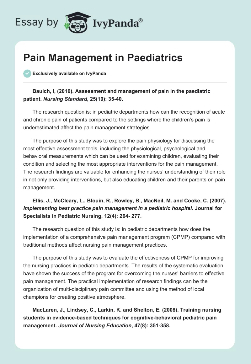 Pain Management in Paediatrics. Page 1