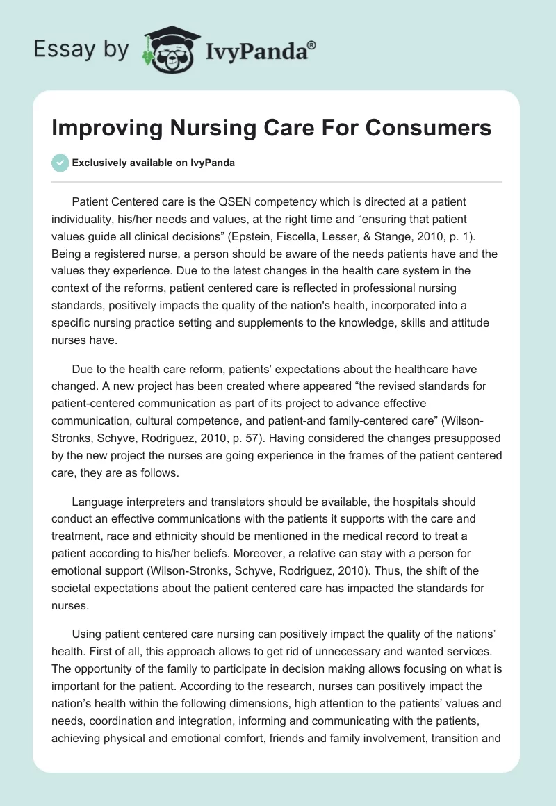 Improving Nursing Care For Consumers. Page 1