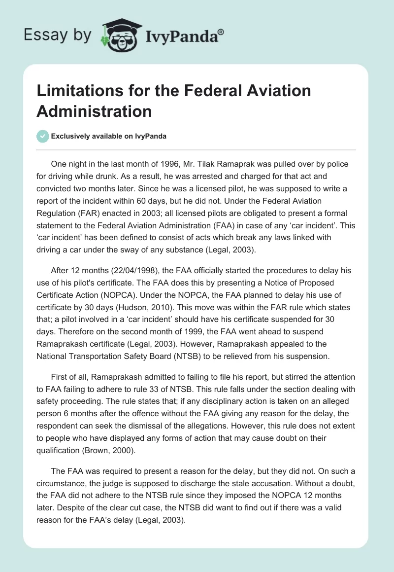 Limitations for the Federal Aviation Administration. Page 1
