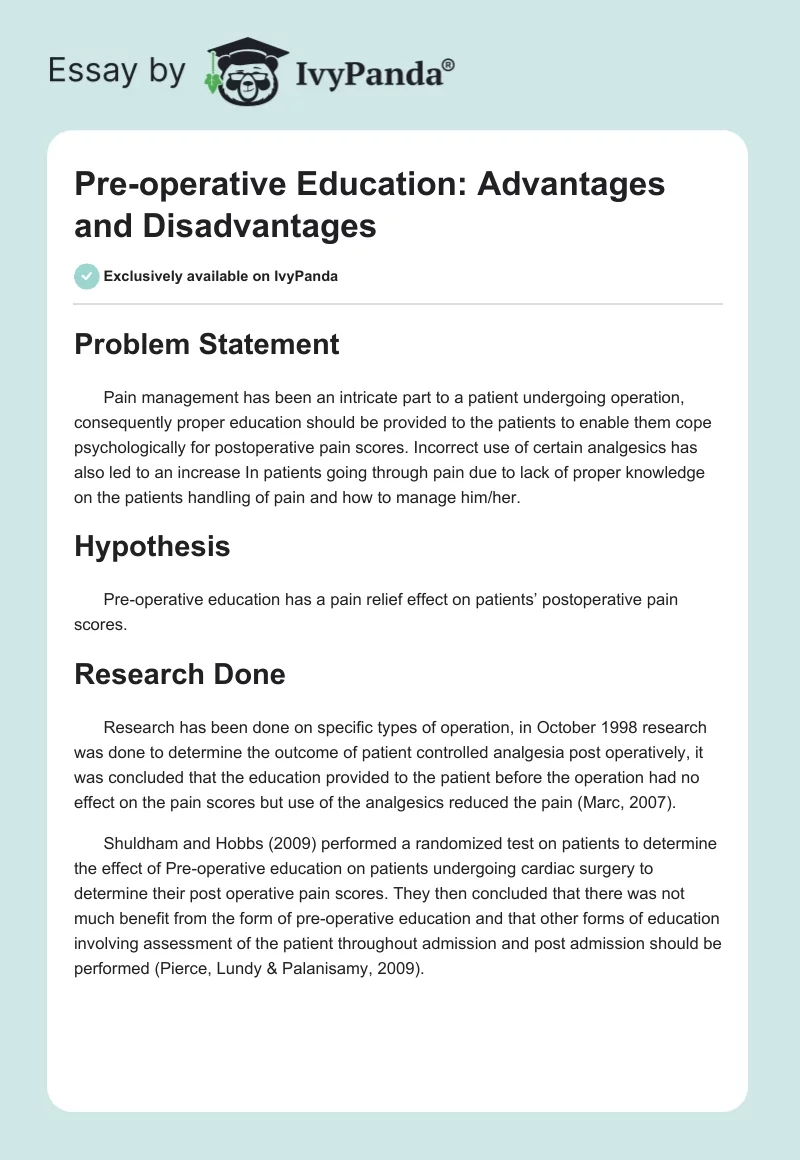Pre-operative Education: Advantages and Disadvantages. Page 1