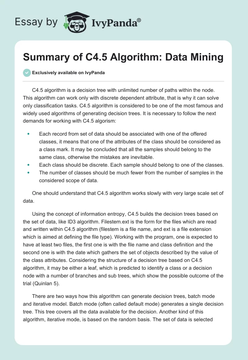 Summary of C4.5 Algorithm: Data Mining. Page 1