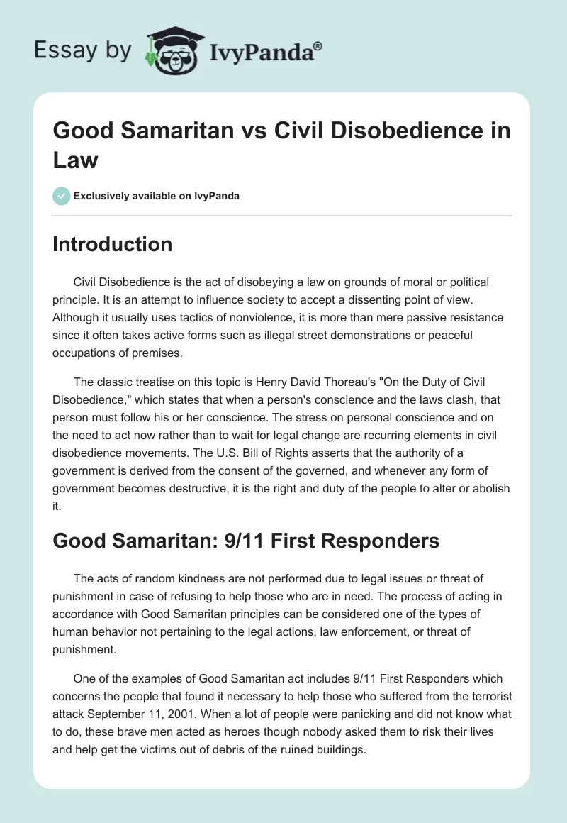 Good Samaritan vs Civil Disobedience in Law. Page 1