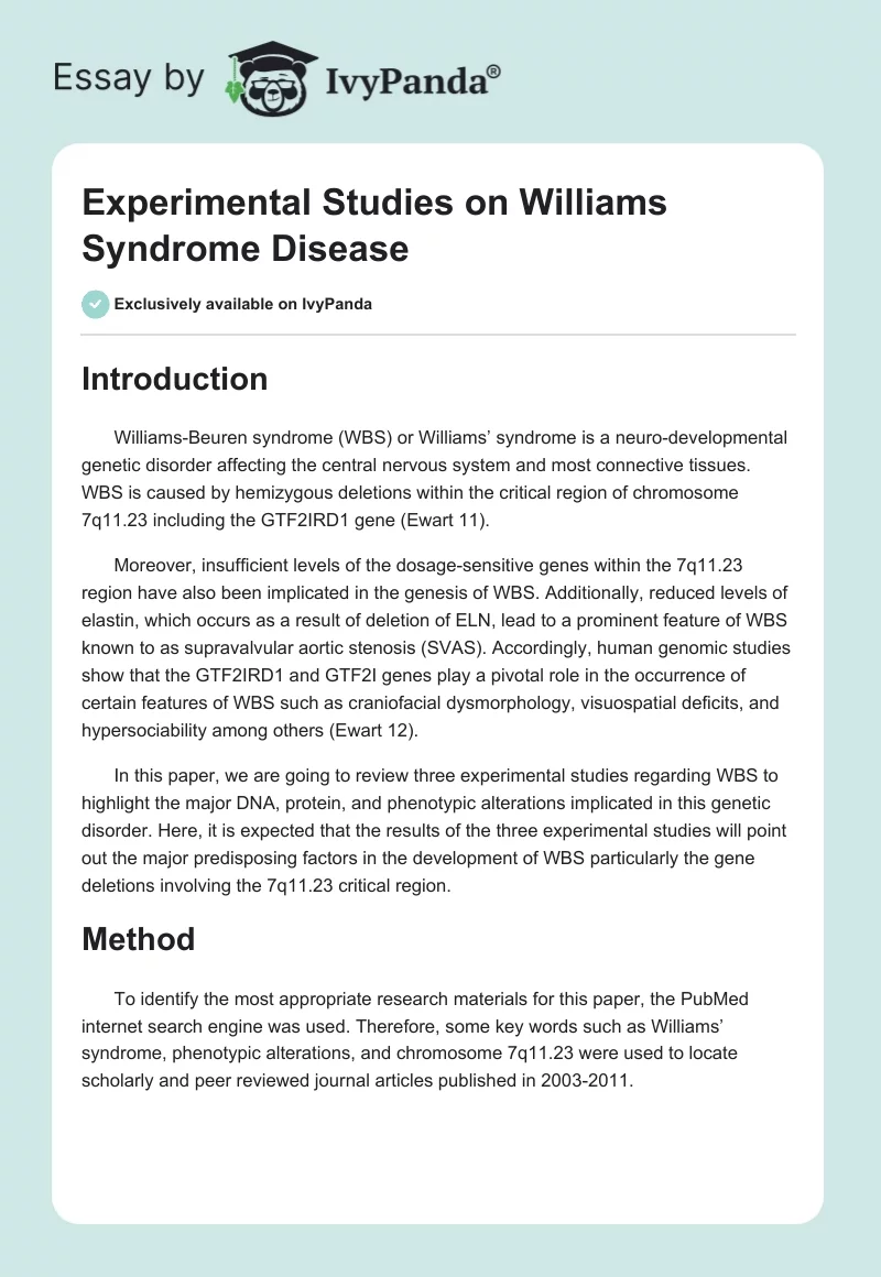Experimental Studies on Williams Syndrome Disease. Page 1