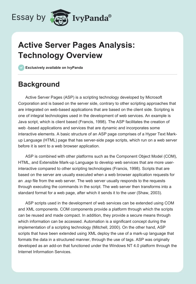 Active Server Pages Analysis: Technology Overview. Page 1