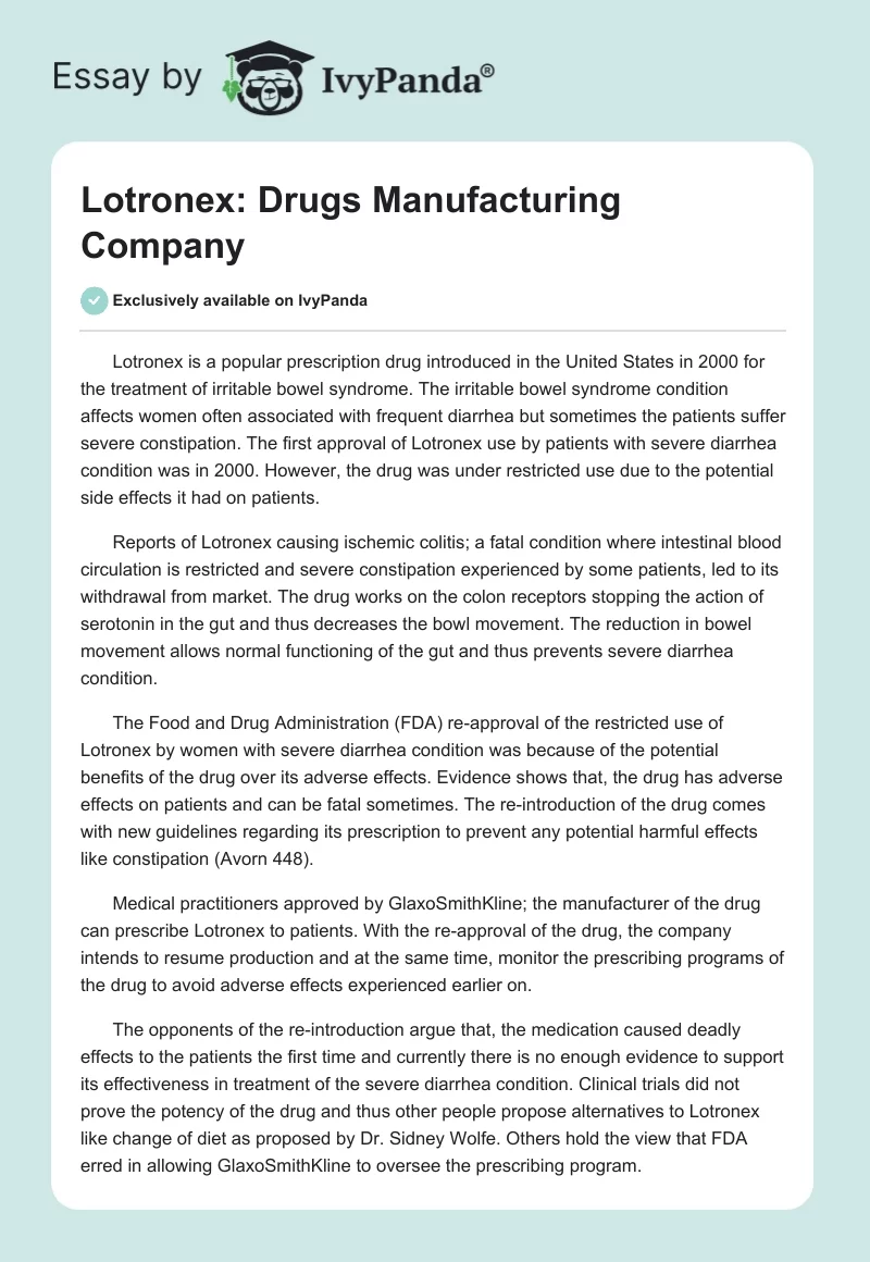 Lotronex: Drugs Manufacturing Company. Page 1
