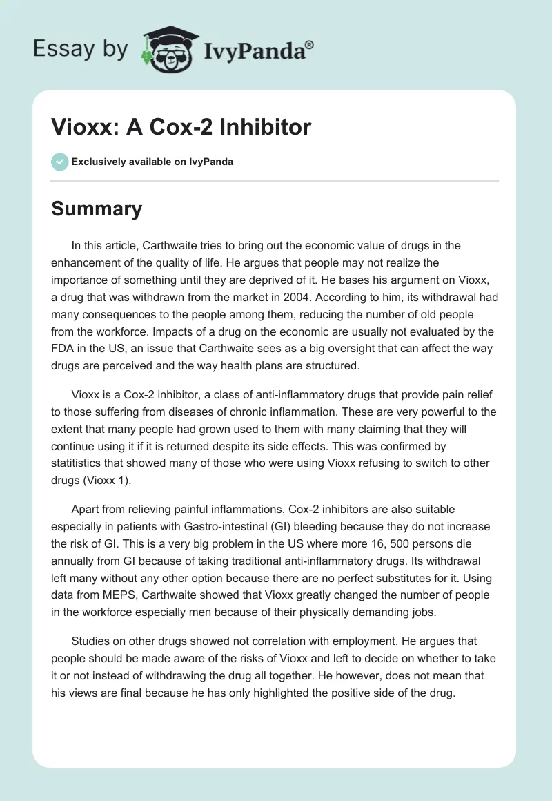 Vioxx: A Cox-2 Inhibitor. Page 1
