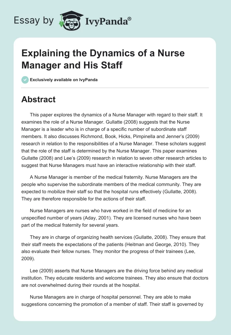 Explaining the Dynamics of a Nurse Manager and His Staff. Page 1