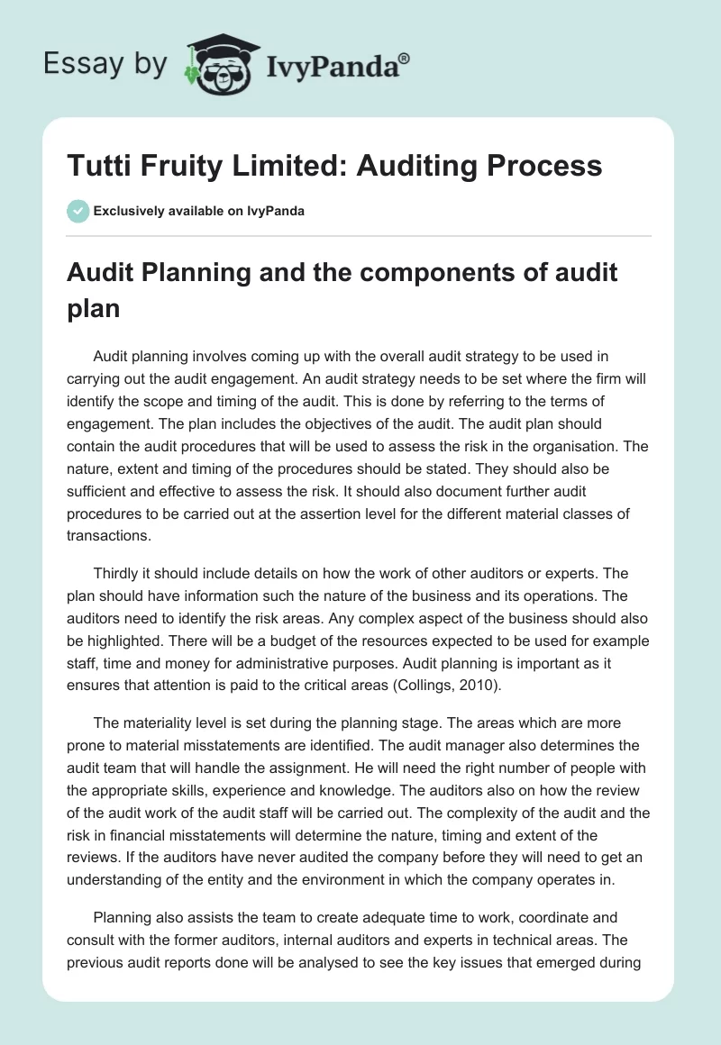 Tutti Fruity Limited: Auditing Process. Page 1