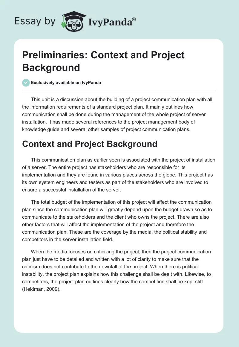 Preliminaries: Context and Project Background. Page 1