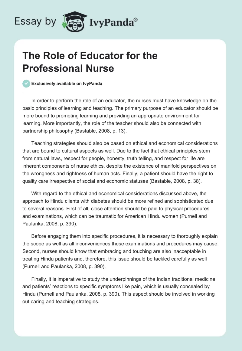 The Role of Educator for the Professional Nurse. Page 1