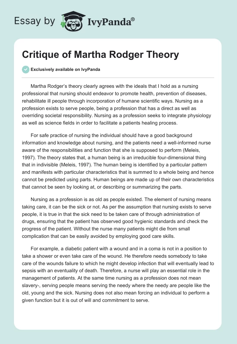 Critique of Martha Rodger Theory. Page 1