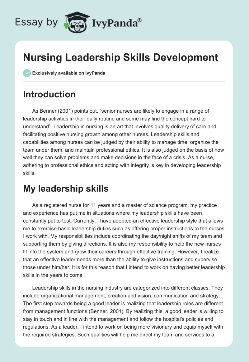 Nursing Leadership Skills Development. Page 1