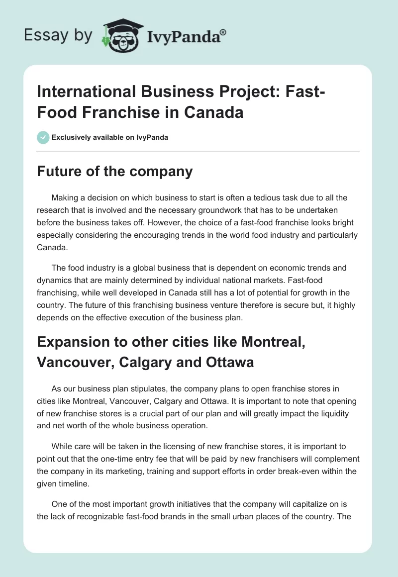 International Business Project: Fast-Food Franchise in Canada. Page 1