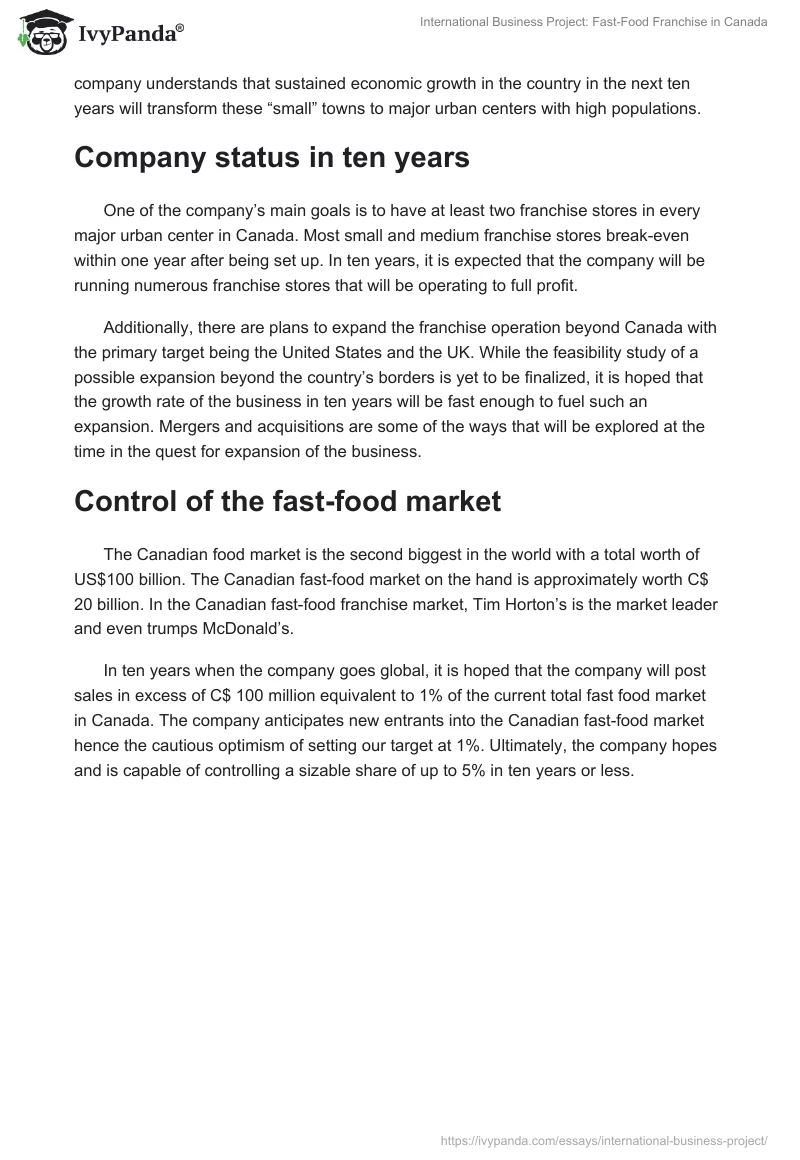 International Business Project: Fast-Food Franchise in Canada. Page 2