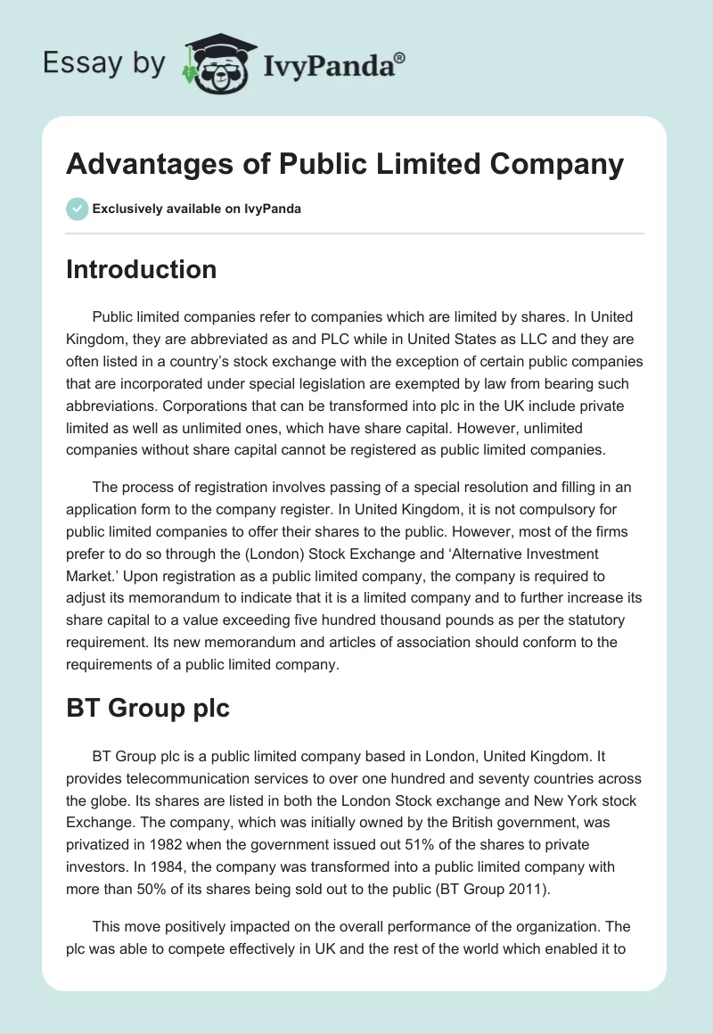 Advantages of Public Limited Company. Page 1