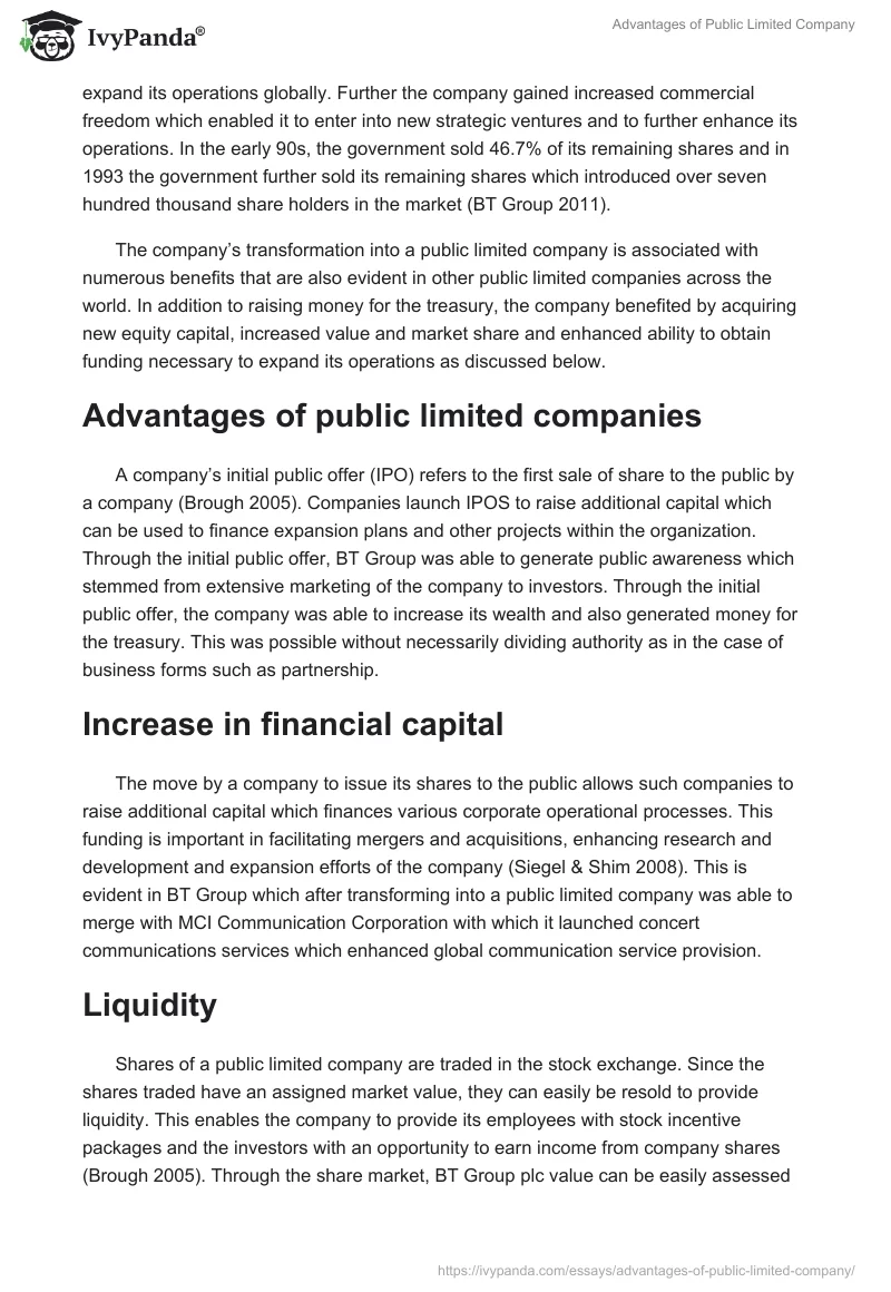 Advantages of Public Limited Company. Page 2