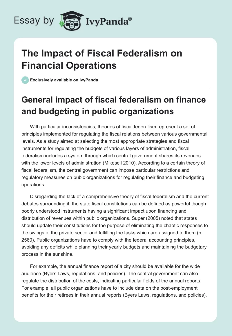 The Impact of Fiscal Federalism on Financial Operations. Page 1