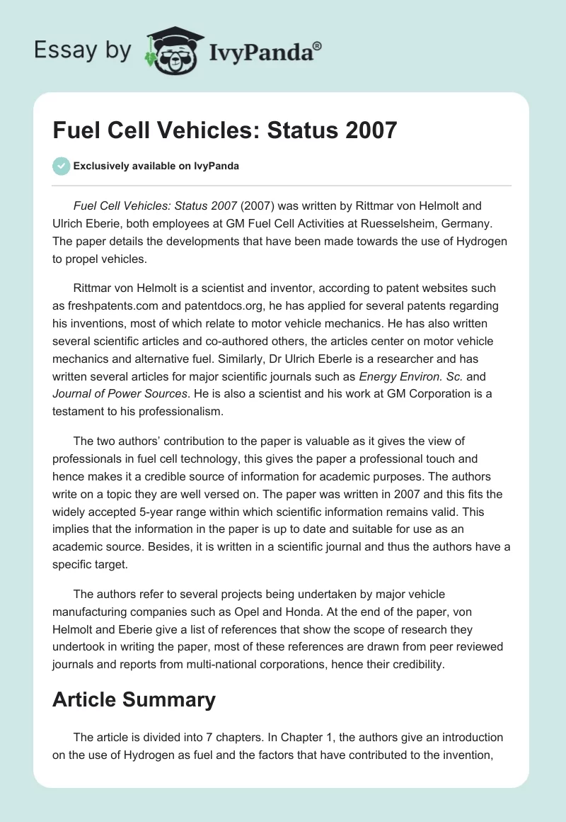 Fuel Cell Vehicles: Status 2007. Page 1