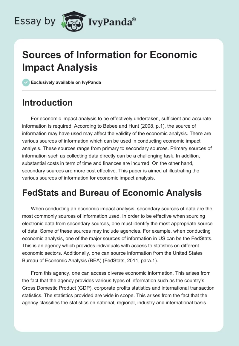 Sources of Information for Economic Impact Analysis. Page 1