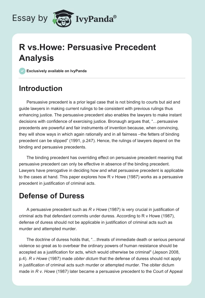 R vs.Howe: Persuasive Precedent Analysis. Page 1