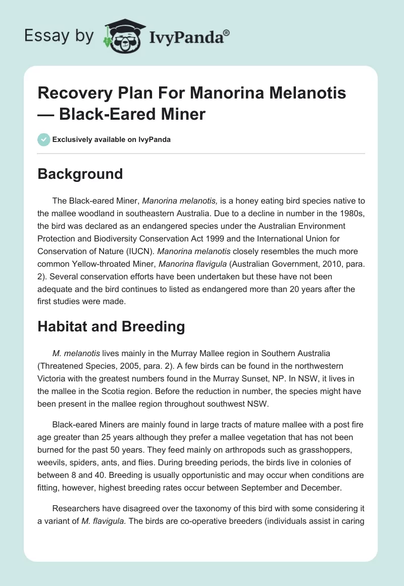 Recovery Plan For Manorina Melanotis — Black-Eared Miner. Page 1