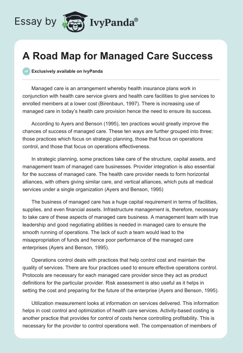 A Road Map for Managed Care Success. Page 1